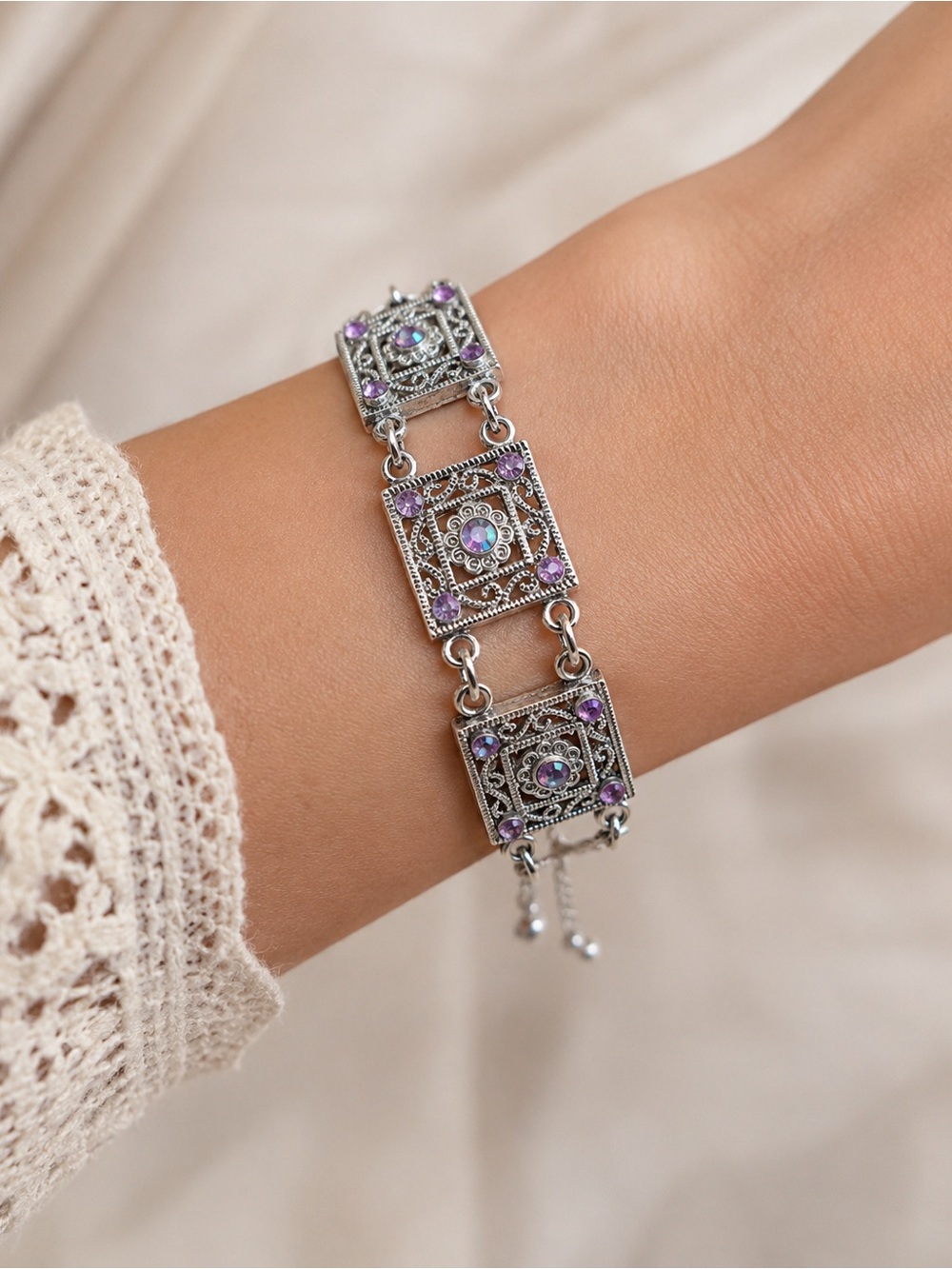 Vintage-Inspired Silver Bracelet with Purple Stones